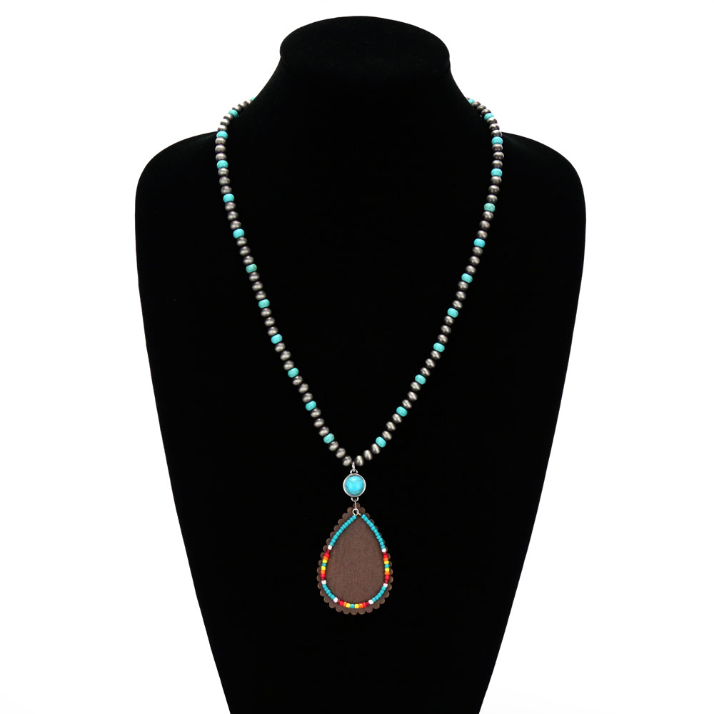 Navajo Style Bead with Wood & Seed Bead Teardrop Pendant Necklace - Image 2