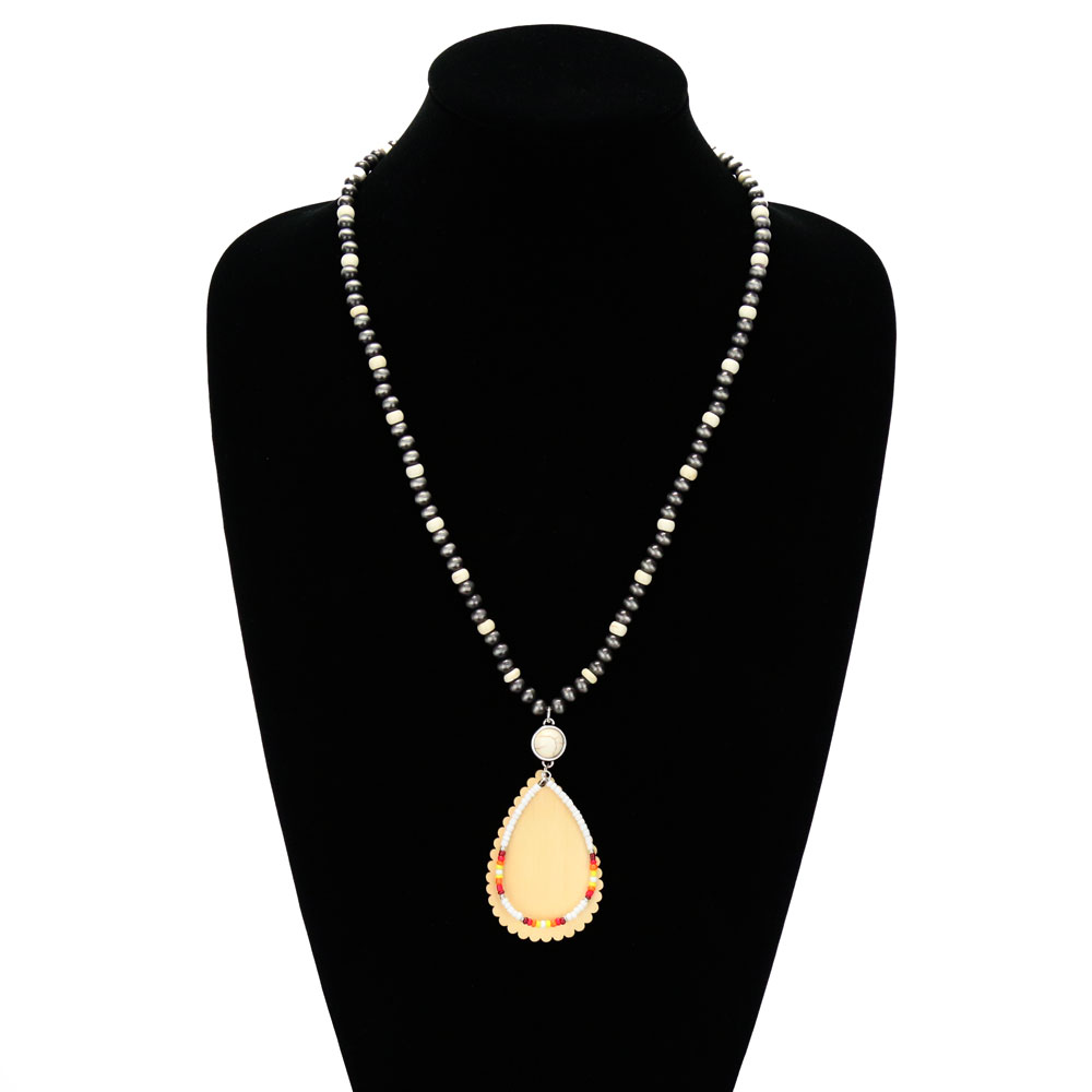 Navajo Style Bead with Wood & Seed Bead Teardrop Pendant Necklace - Image 2