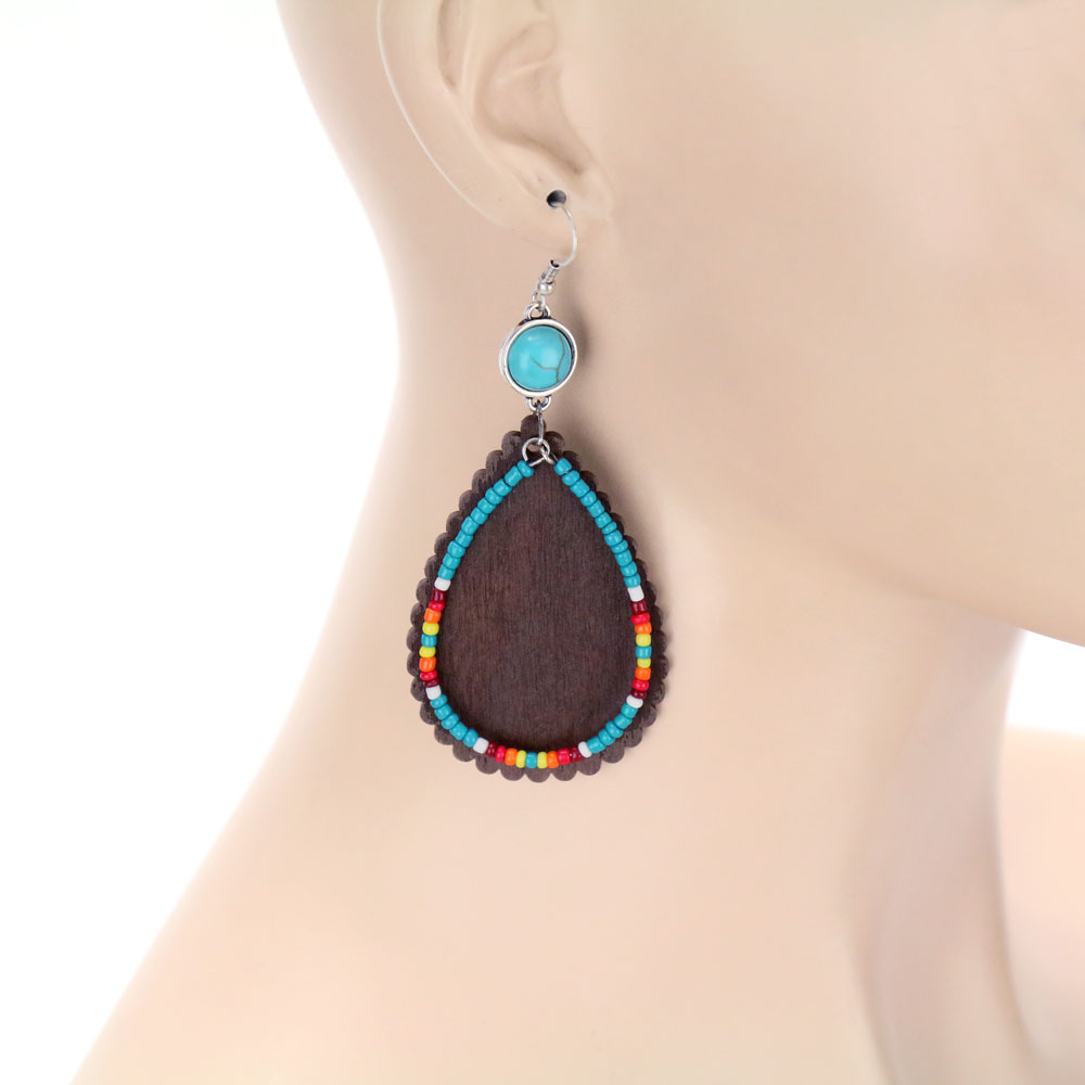 Western Wood & Seed Bead Teardrop Dangle Earrings - Image 2