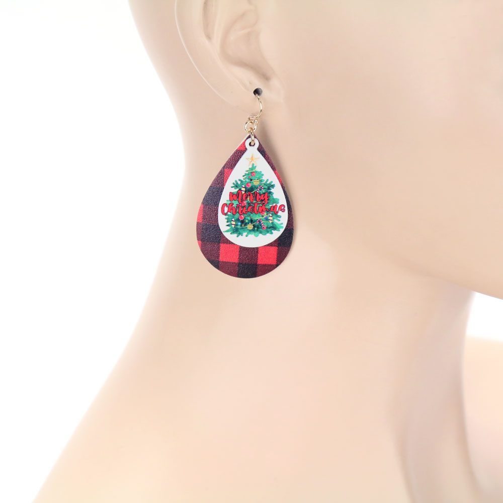 Merry Christmas Teardrop Leather Dangle Earrings - Image 2