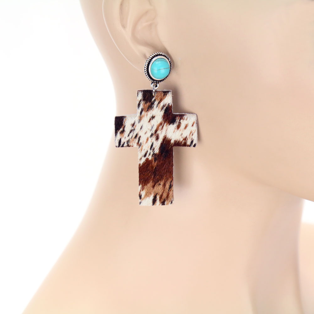 Genuine Leather Cross with Stone Stud Earrings - Image 2