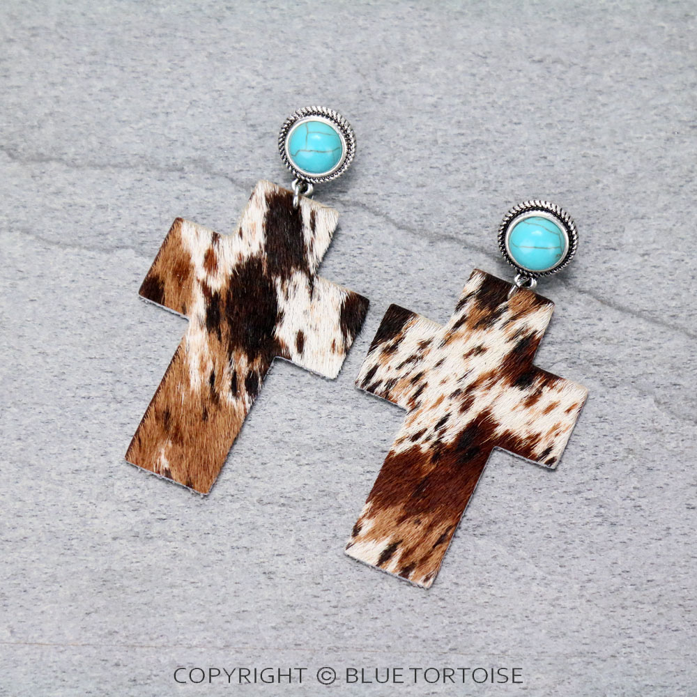 Genuine Leather Cross with Stone Stud Earrings
