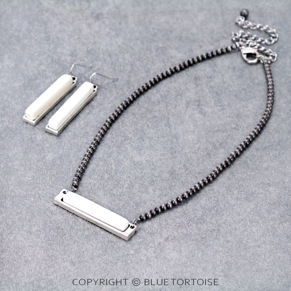 16" Long, Tiny 4mm Navajo Style Pearl Necklace, Bar Natural White Stone Pendant & Earrings