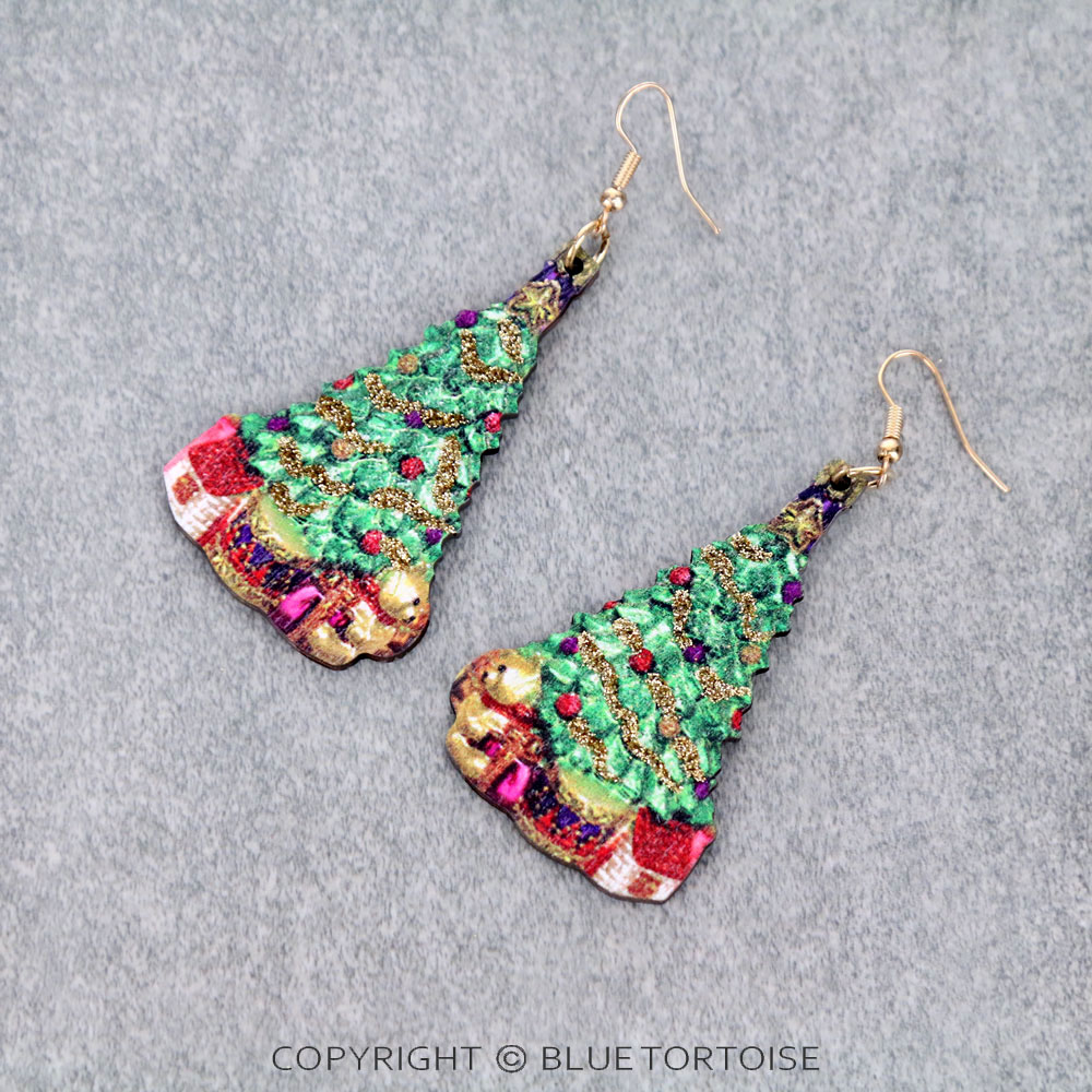 Christmas Tree Wood Dangle Earrings