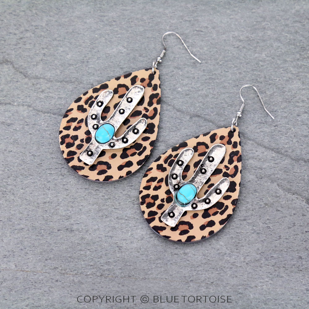 Wooden Teardrop Cactus Dangle Earrings
