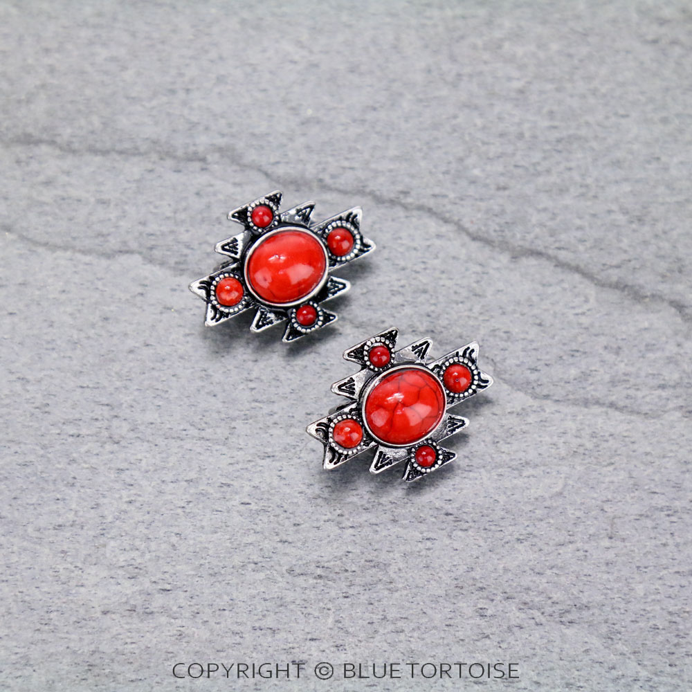 Western Aztec Design Stone Clip On Earrings