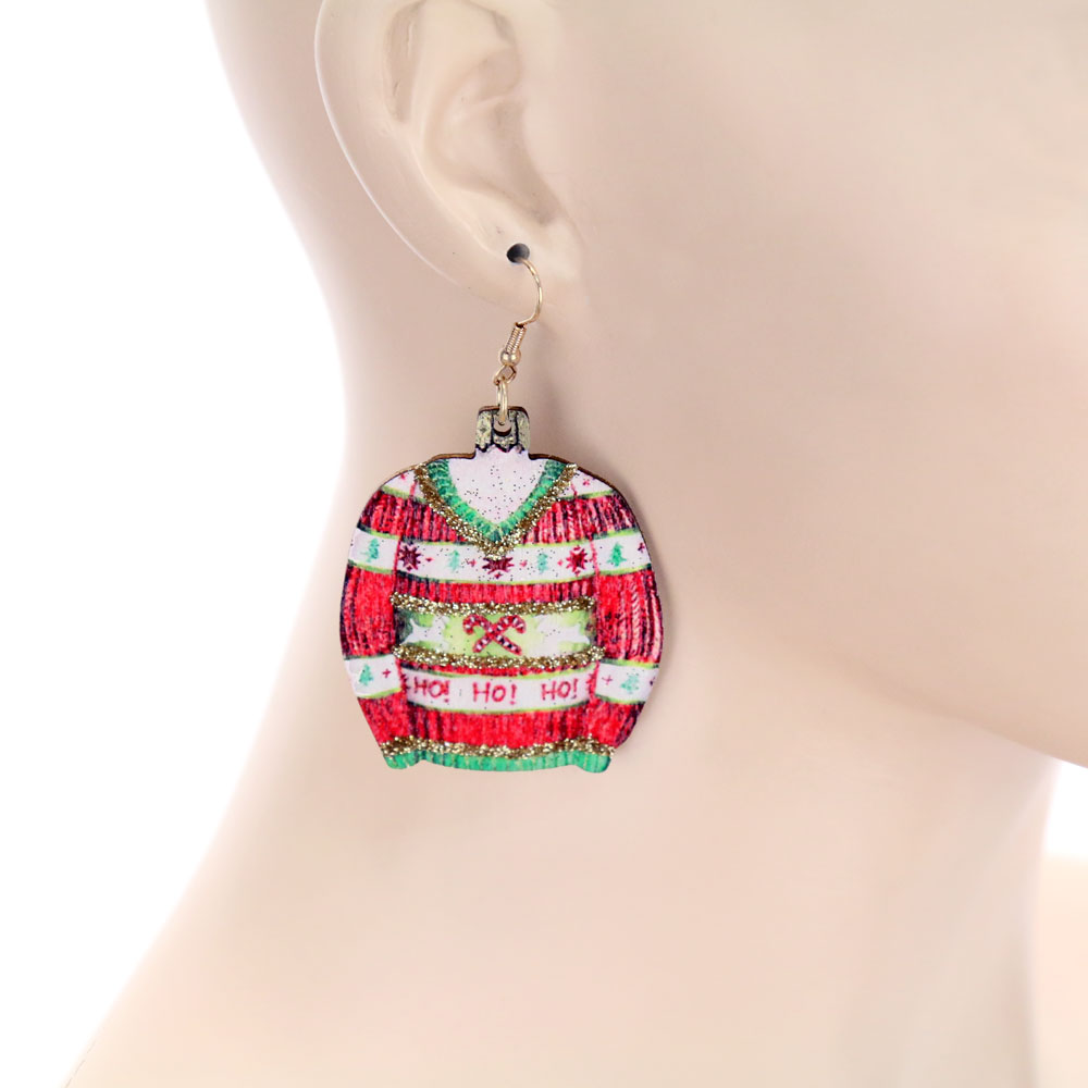 Christmas Ugly Sweater Wood Dangle Earrings - Image 2