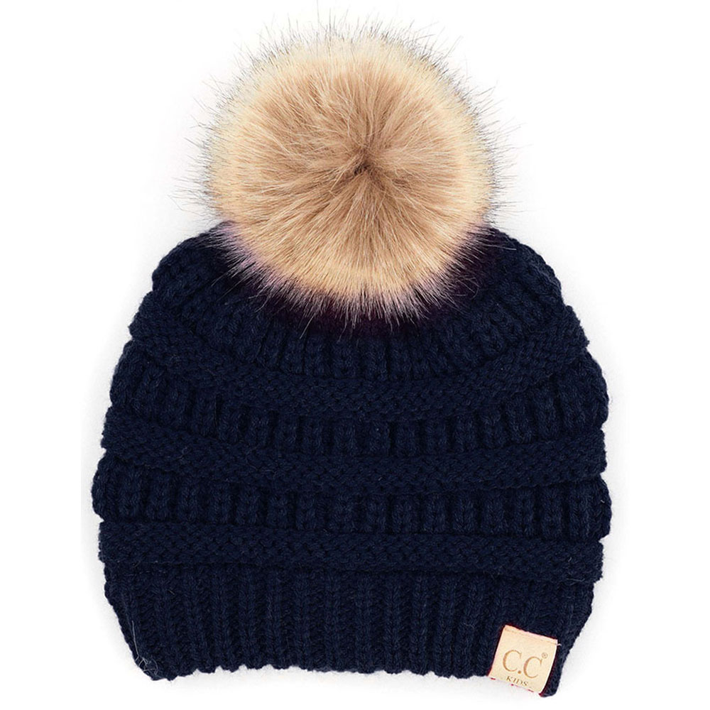 C.C kids solid ribbed beanie with pom