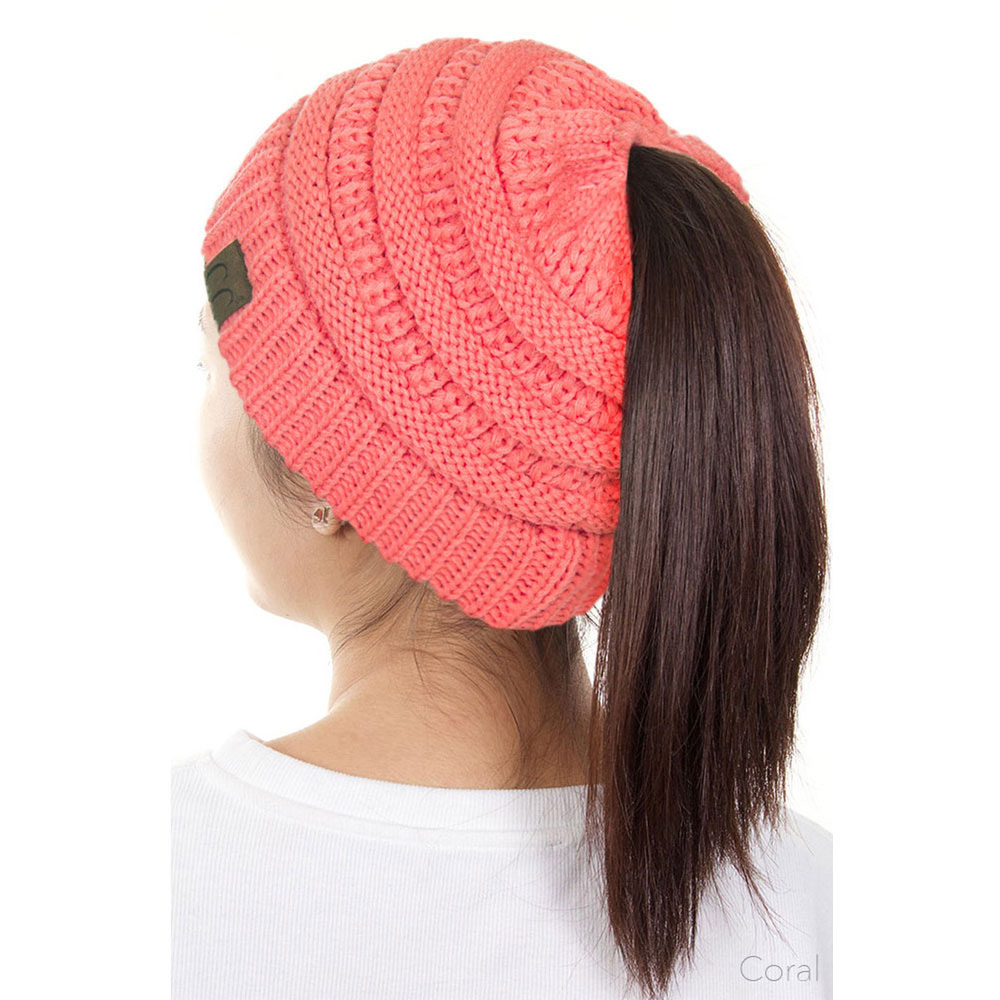 C.C Solid Color Ponytail Messy Bun Beanie - Image 3