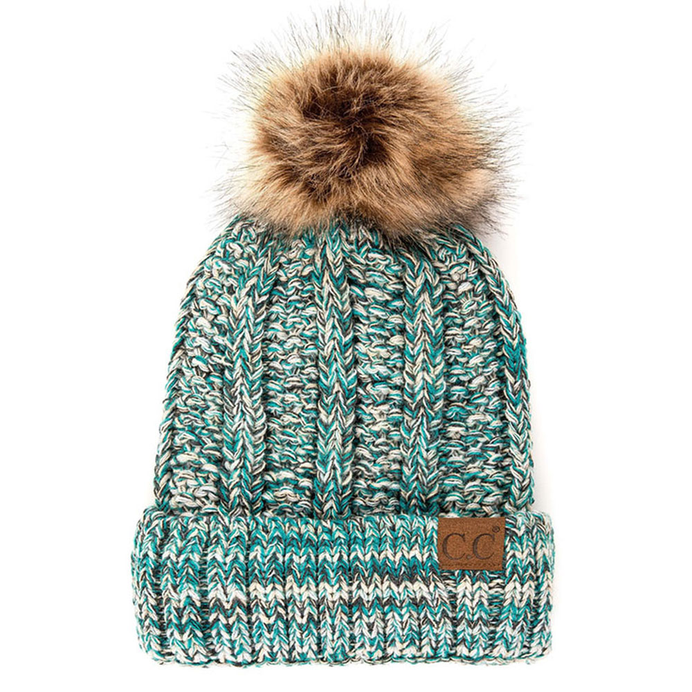 C.C Knitted Tone Hat With Fuzzy Lining and 12cm Pom