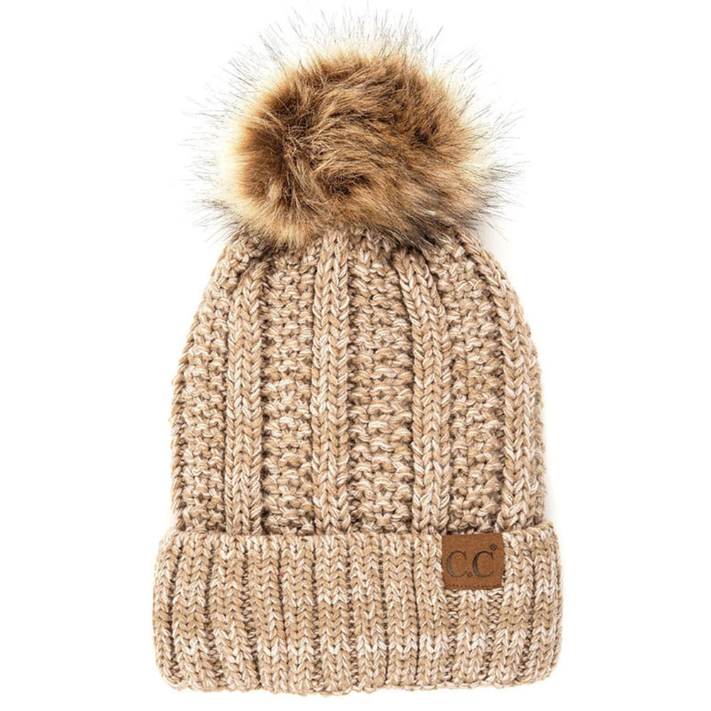 C.C Knitted Tone Hat With Fuzzy Lining and 12cm Pom