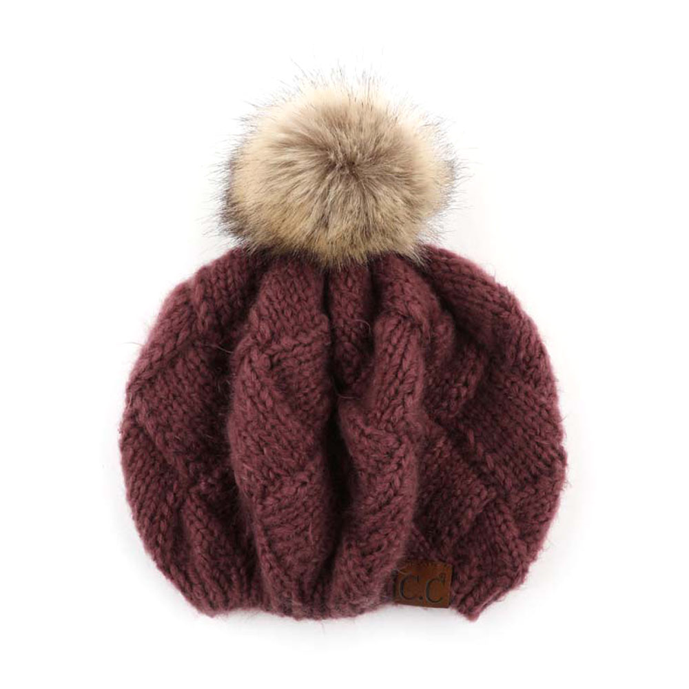 C.C Basket Weave Knitted Beret Beanie with 12cm Fur Pom