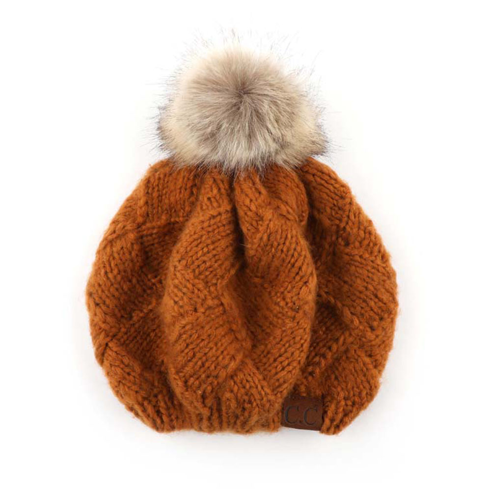 C.C Basket Weave Knitted Beret Beanie with 12cm Fur Pom
