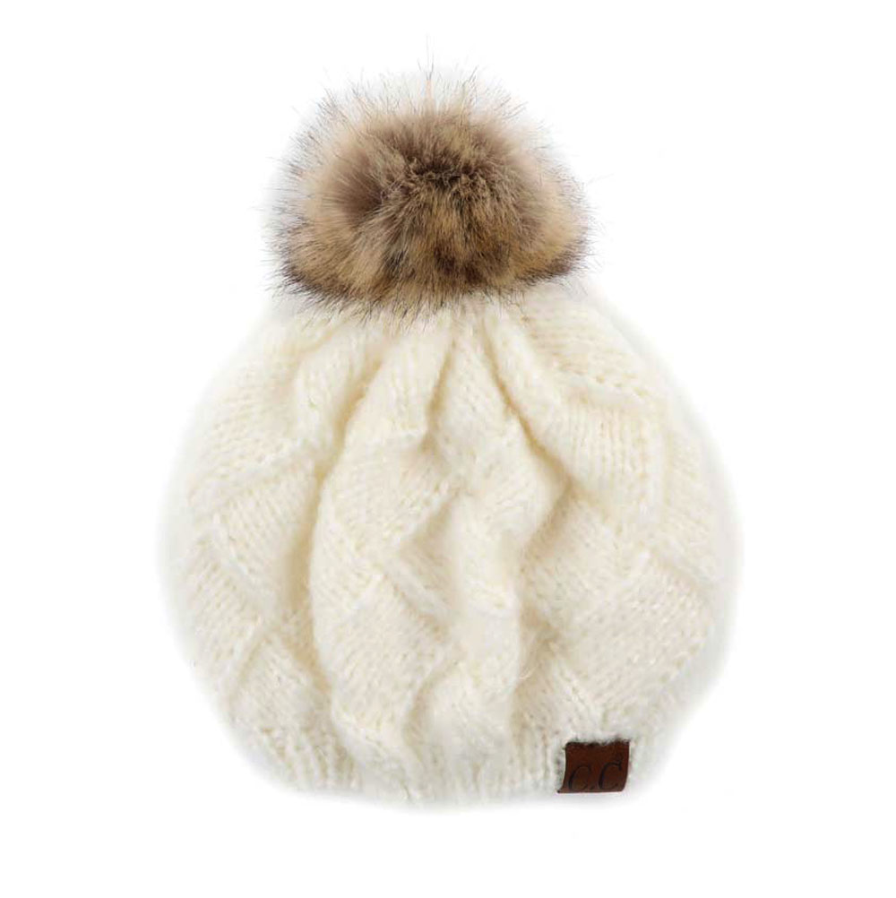 C.C Basket Weave Knitted Beret Beanie with 12cm Fur Pom