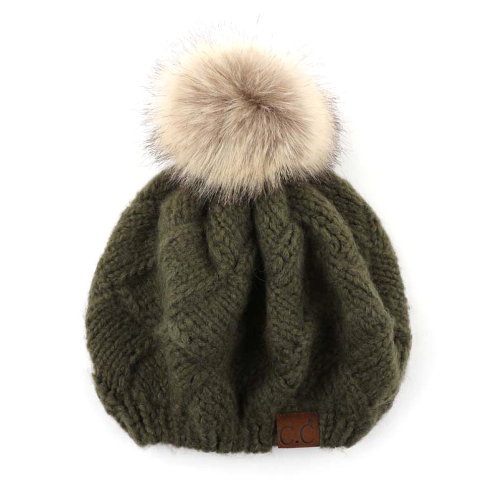 C.C Basket Weave Knitted Beret Beanie with 12cm Fur Pom