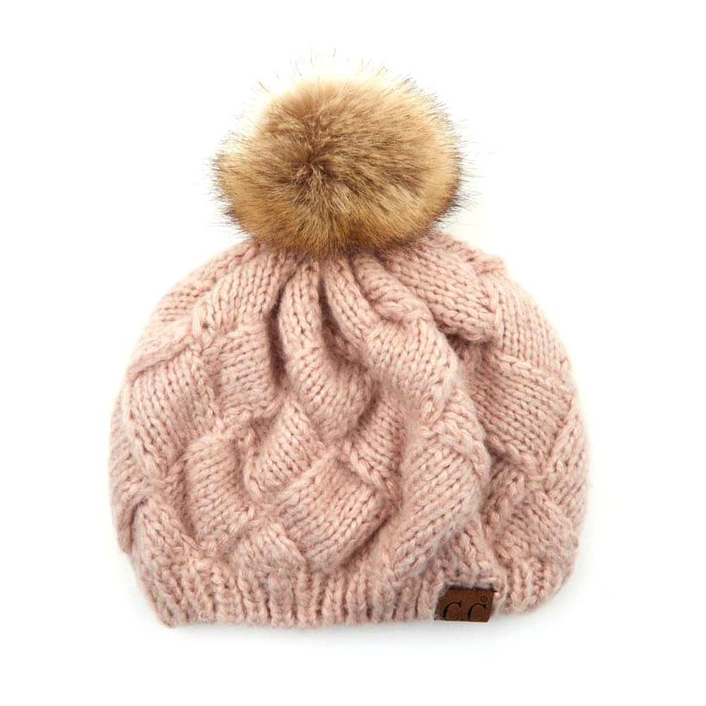 C.C Basket Weave Knitted Beret Beanie with 12cm Fur Pom
