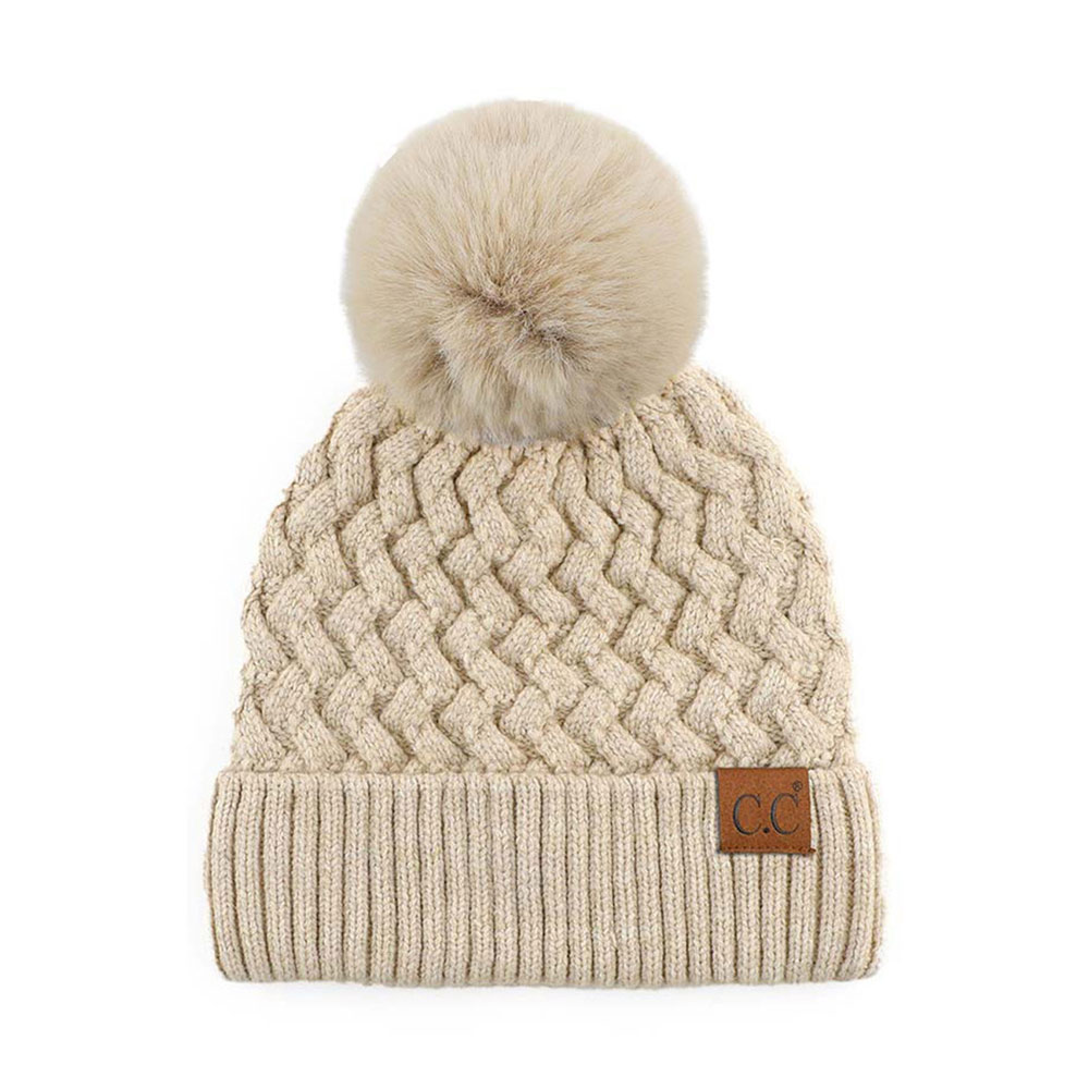 C.C Woven Cable Stitch Cuff Beanie with Soft Color Fur Pom