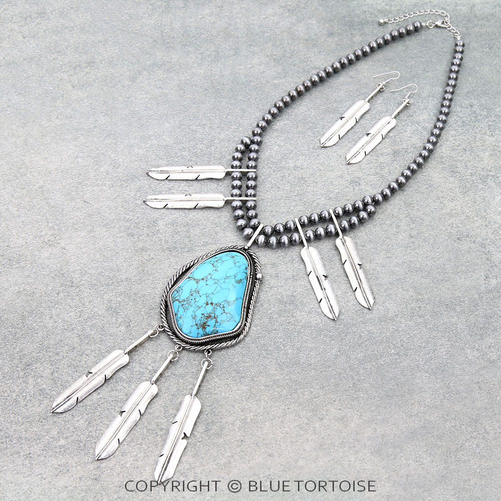 Western Feather Stone Statement Necklace Set