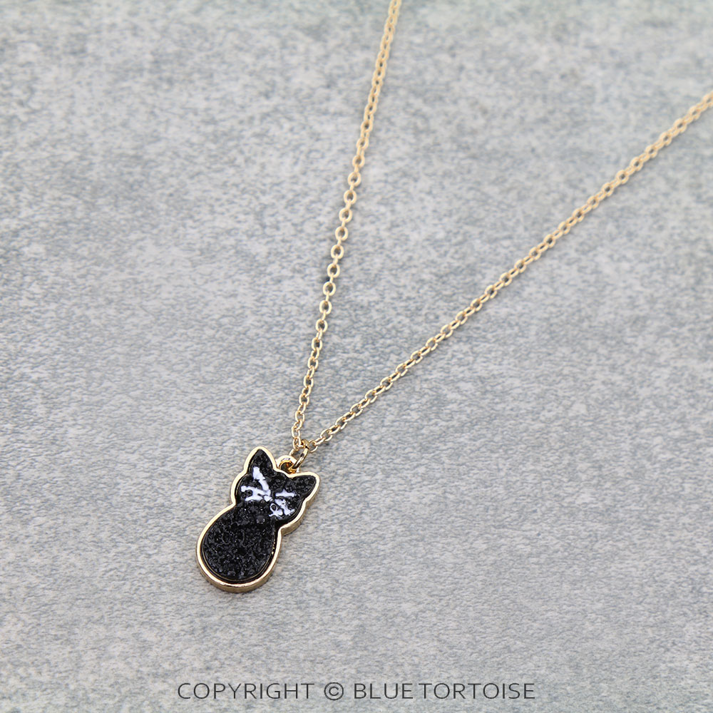Halloween Black Cat Druzy Stone Necklace
