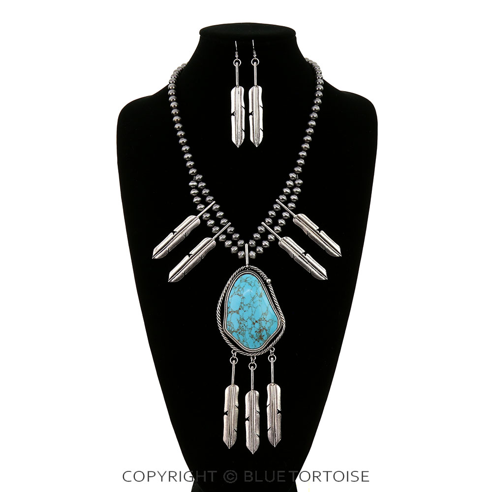 Western Feather Stone Statement Necklace Set - Image 2