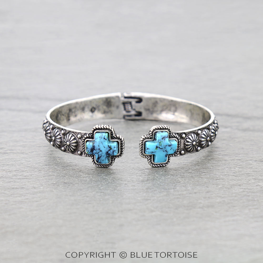 Western Cross Stone with Concho Hinge Bangle Bracelet
