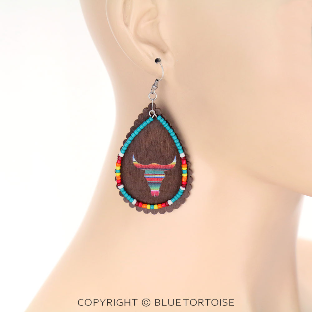 Western Wood & Seed Bead Long Horn Teardrop Dangle Earrings - Image 2