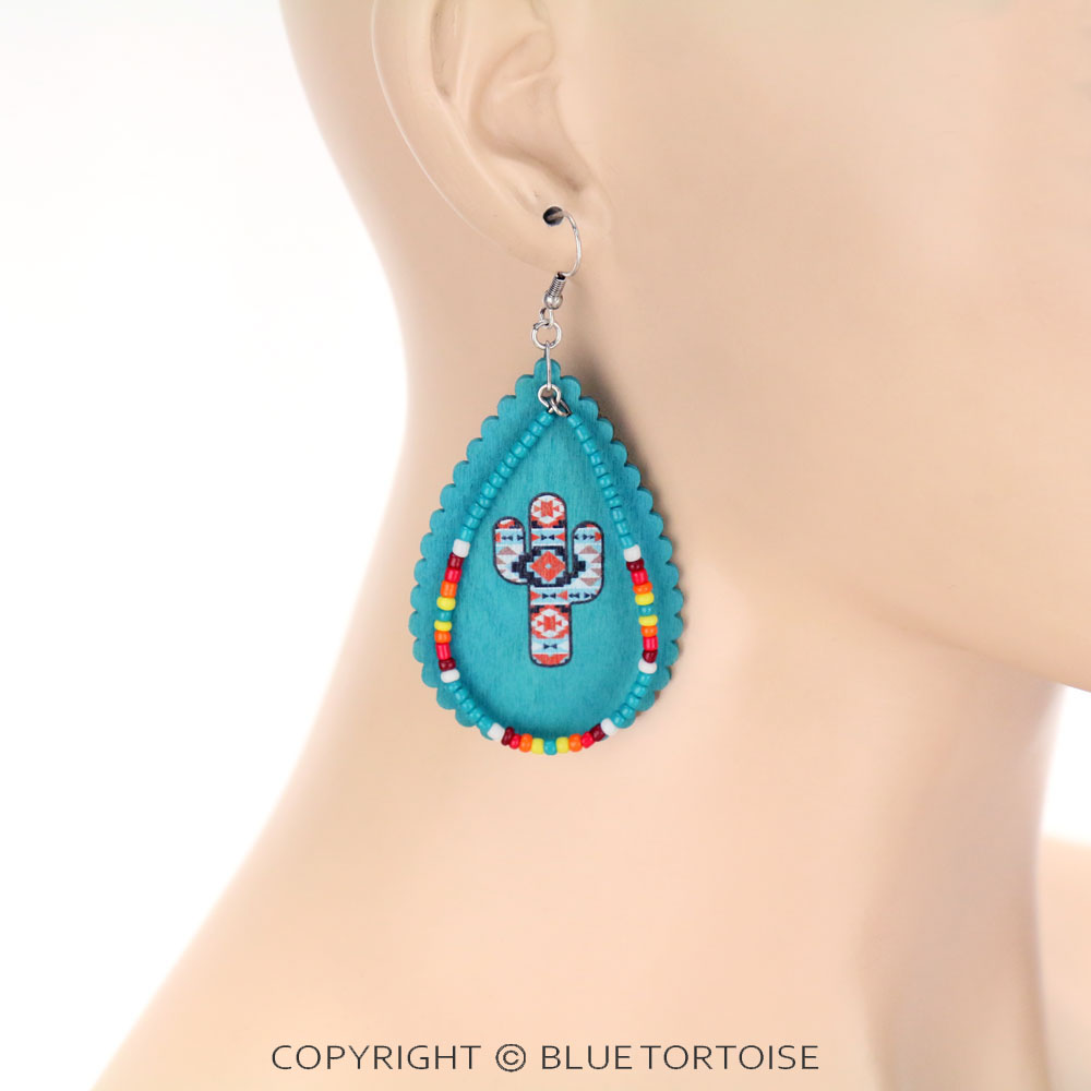 Western Wood & Seed Bead Cactus Teardrop Dangle Earrings - Image 2