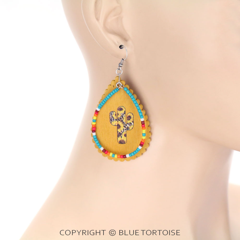 Western Wood & Seed Bead Cactus Teardrop Dangle Earrings - Image 2