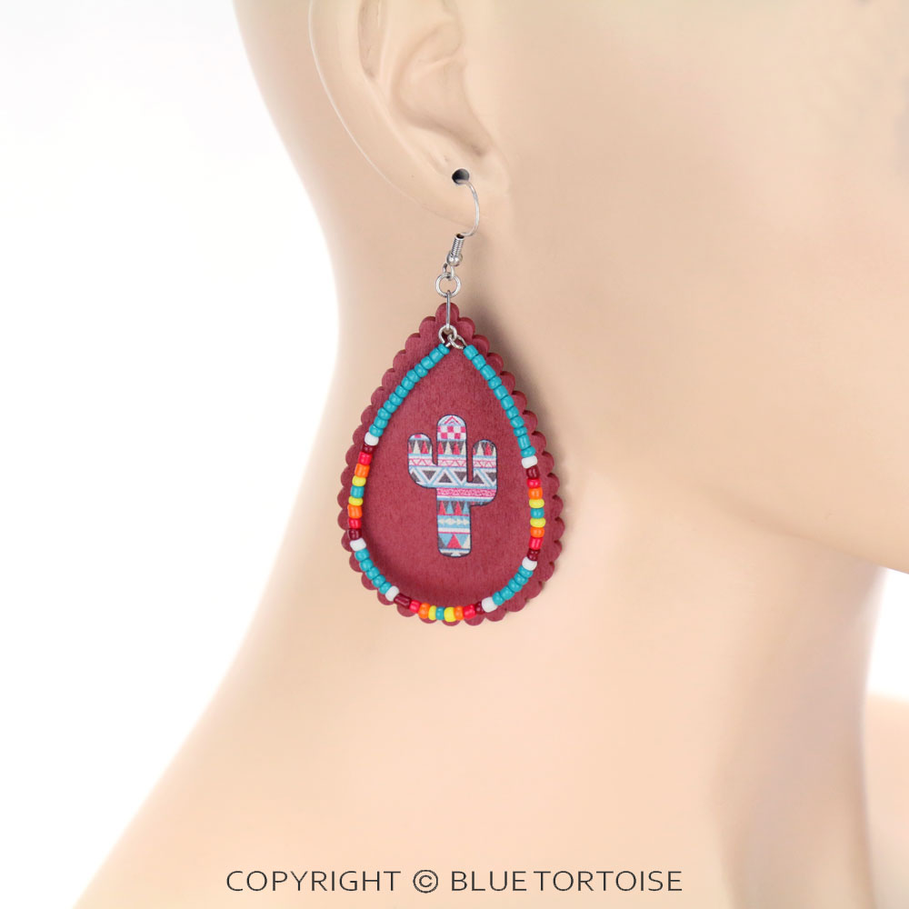 Western Wood & Seed Bead Cactus Teardrop Dangle Earrings - Image 2