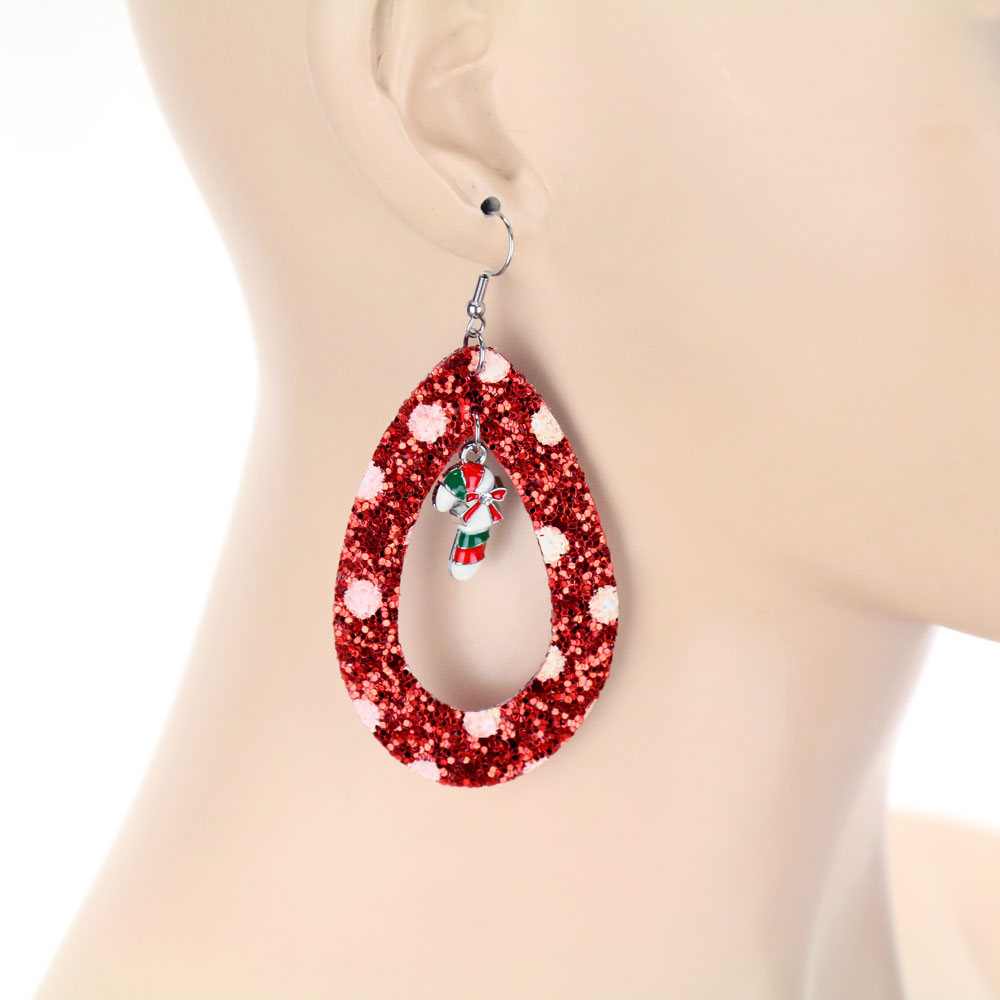 Christmas Glitter Teardrop Candy Cane Dangle Earrings - Image 2