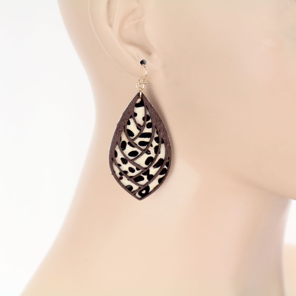 Genuine Leather Teardrop Wood Dangle Earrings - Image 2