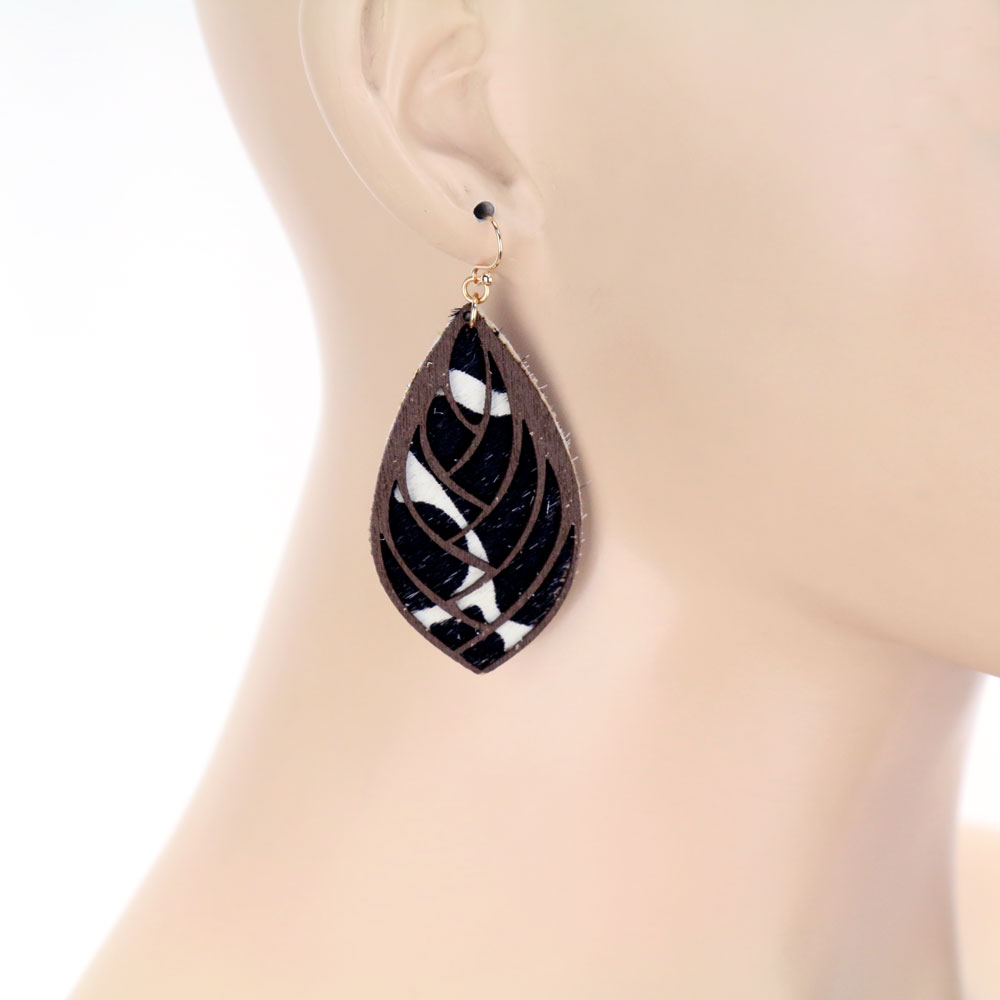 Genuine Leather Teardrop Wood Dangle Earrings - Image 2