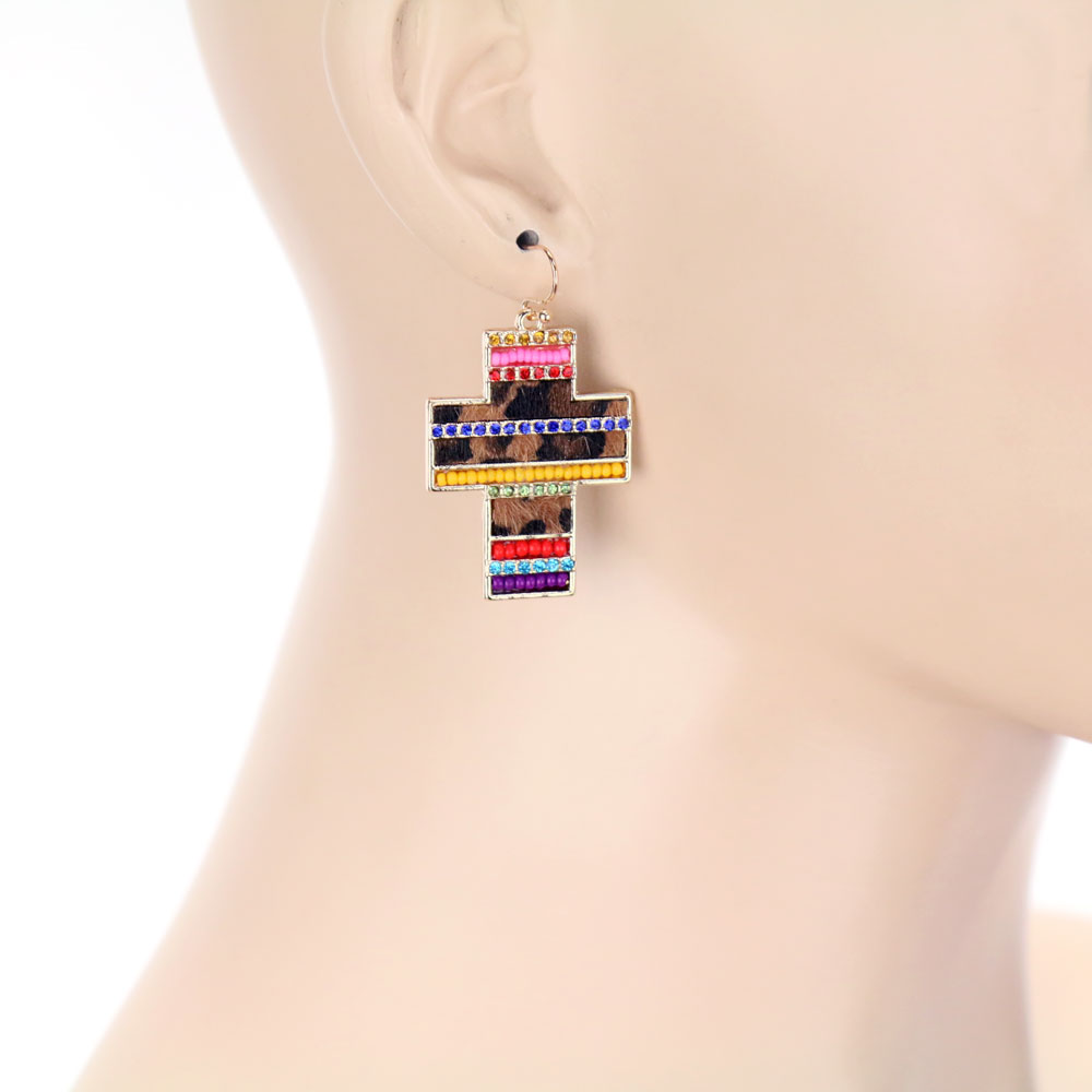 Western Leather Cross Dangle Earrings - Image 2