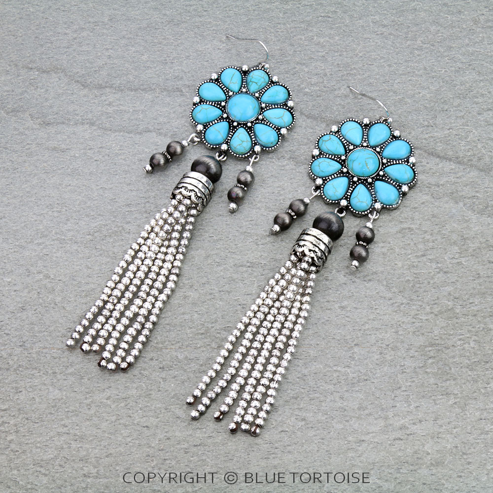 Western Concho w/ Bead Fringe Dangle Earrings