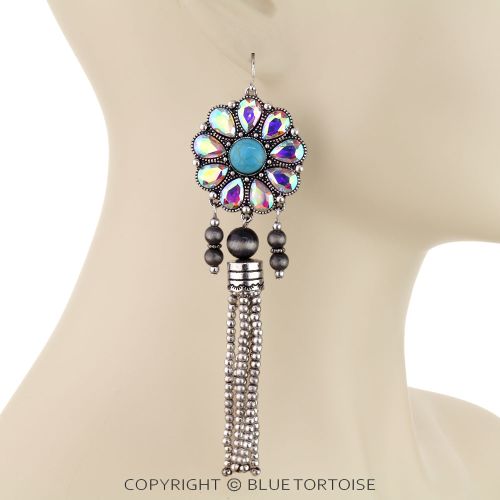 Western Concho w/ Bead Fringe Dangle Earrings - Image 2