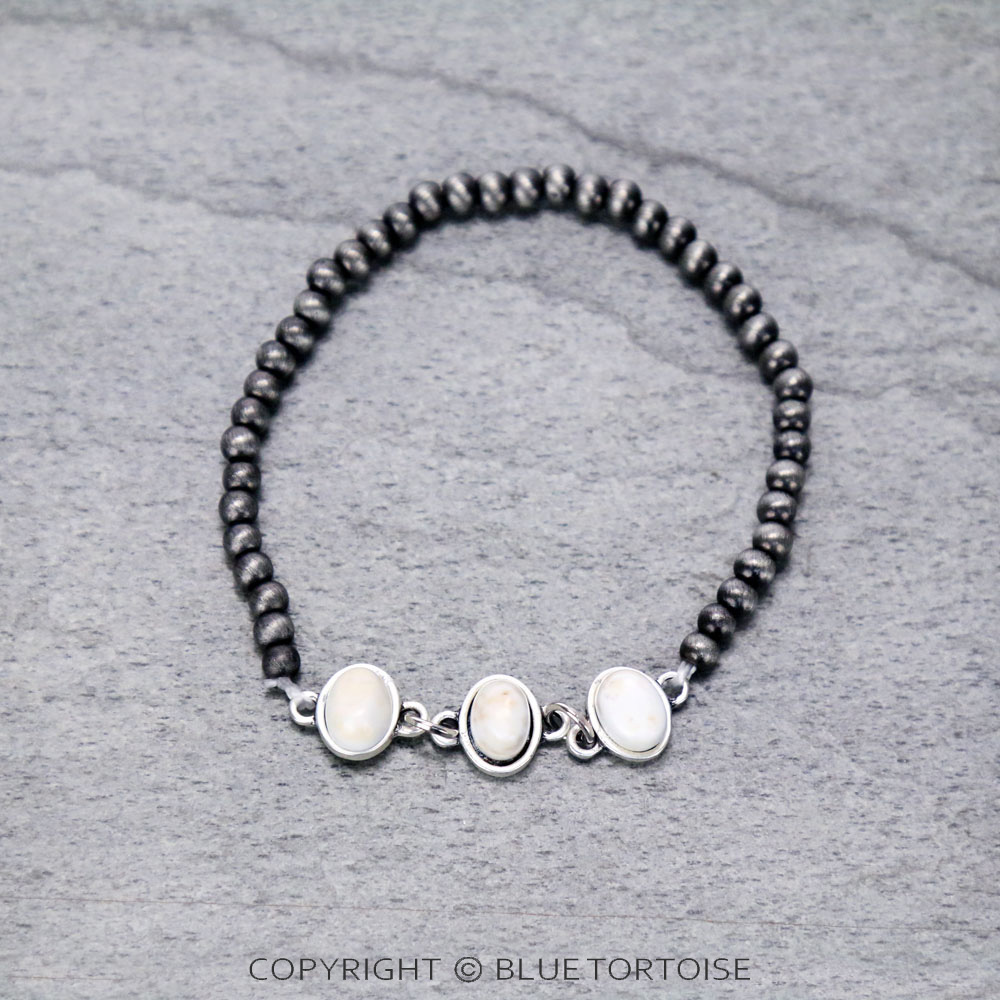 Small Natural White Stone, Tiny 4mm Navajo Style Pearl Adjustable Bracelet