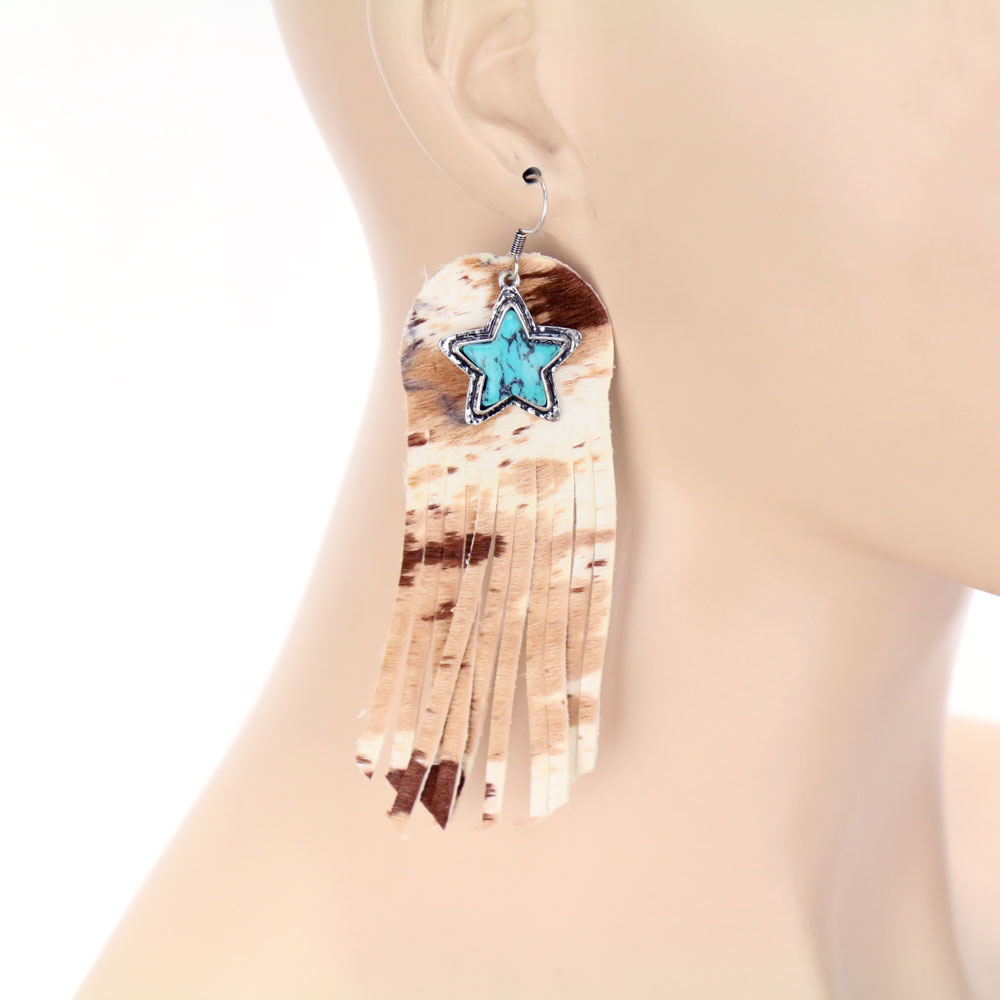 Genuine Leather Cow Hide Fur Fringe Dangle Earrings - Image 2