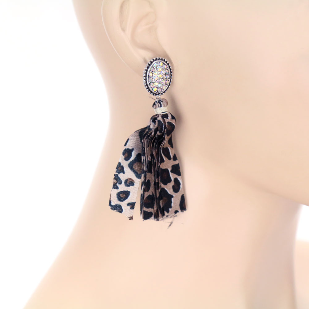 Stone with Fabric Tassel Post Earrings - Image 2