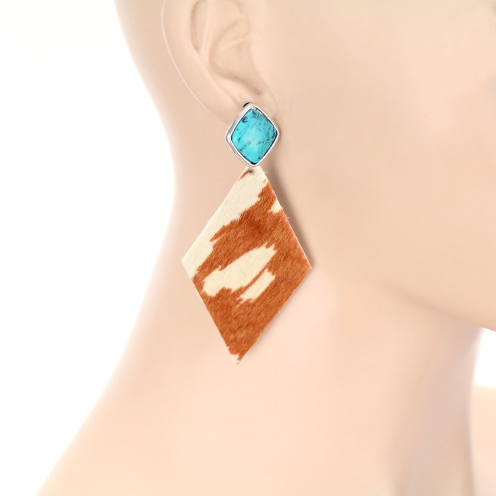 Genuine Leather Cow Fur Diamond Stud Earrings - Image 2