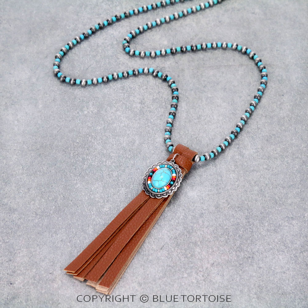 Navajo Style Pearl with Concho Pendant Tassel Necklace