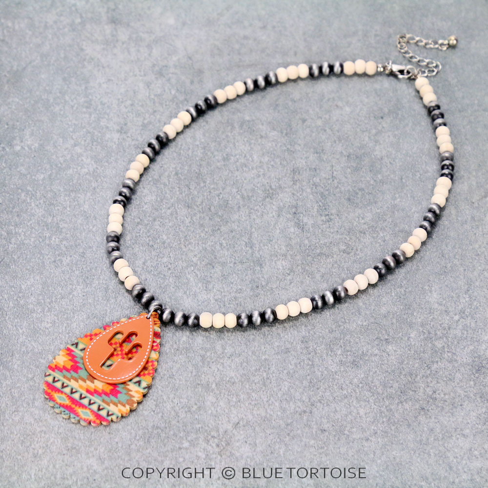 Western Cactus Cut Out with Wood Teardrop Pendant Necklace