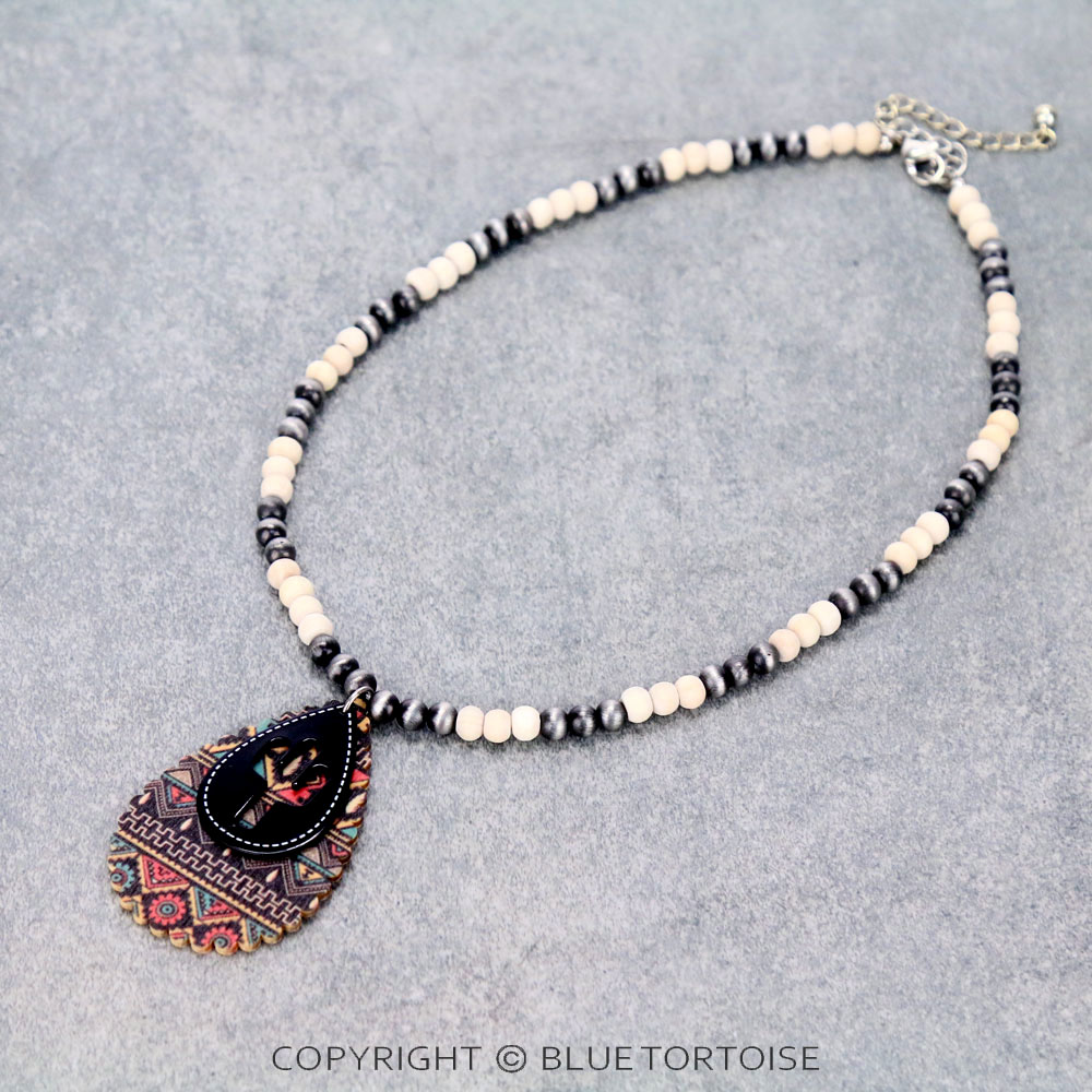 Western Cactus Cut Out with Wood Teardrop Pendant Necklace