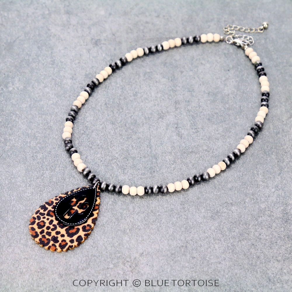 Western Cactus Cut Out with Wood Teardrop Pendant Necklace