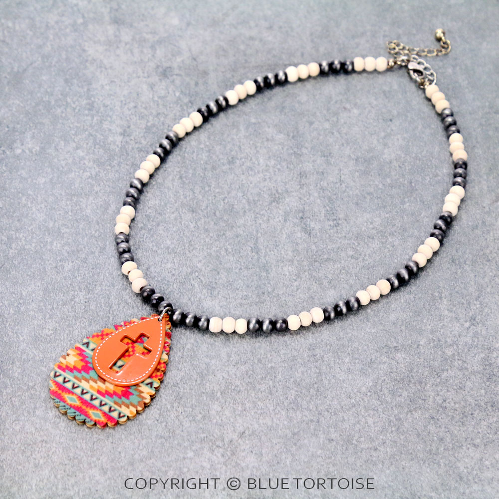 Western Cross Cut Out with Wood Teardrop Pendant Necklace