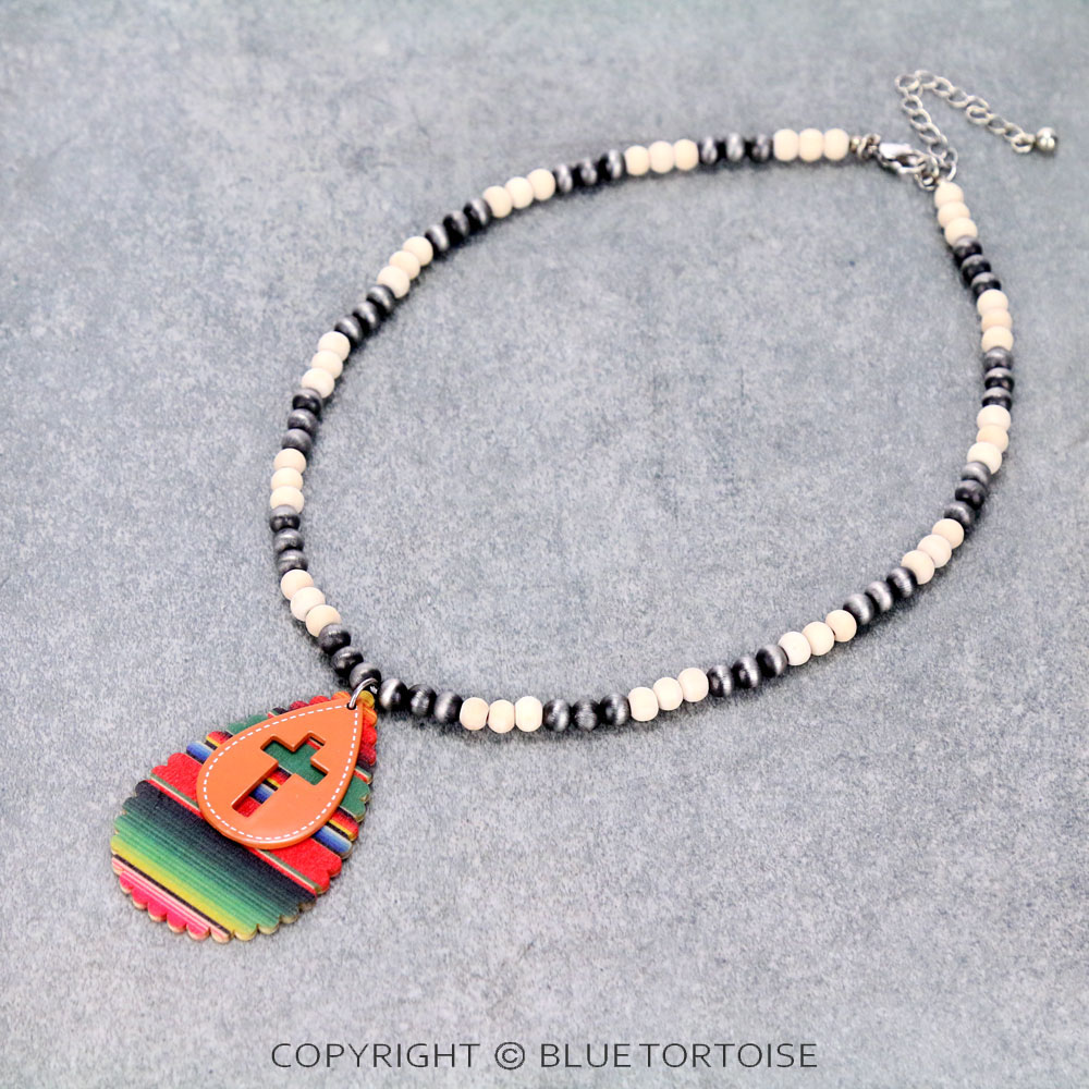 Western Cross Cut Out with Wood Teardrop Pendant Necklace