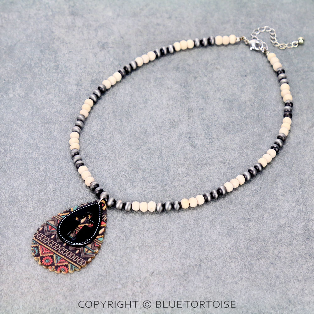 Western Cross Cut Out with Wood Teardrop Pendant Necklace
