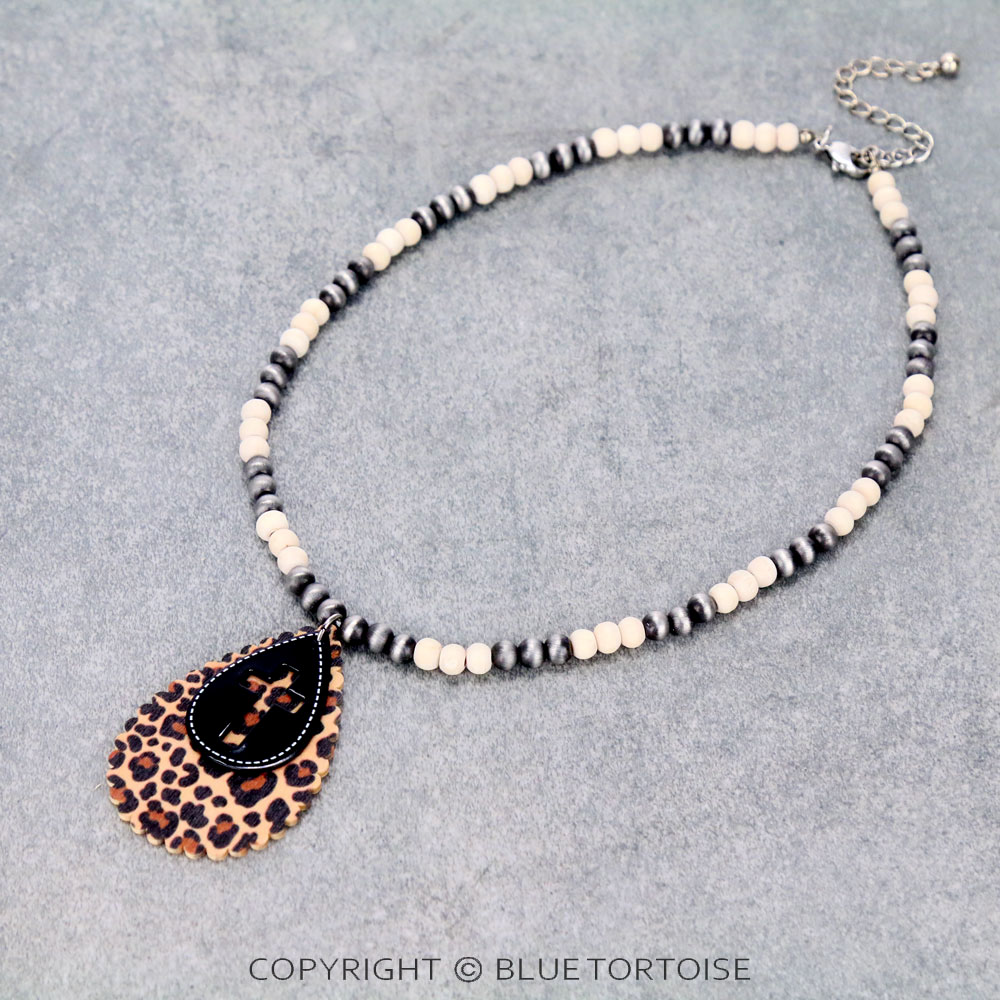 Western Cross Cut Out with Wood Teardrop Pendant Necklace