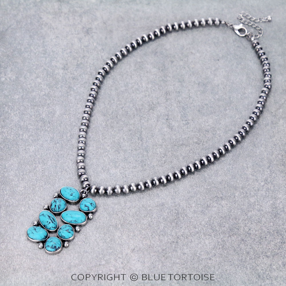 Western Geometric Stone Pendant with Navajo Style Pearl Necklace