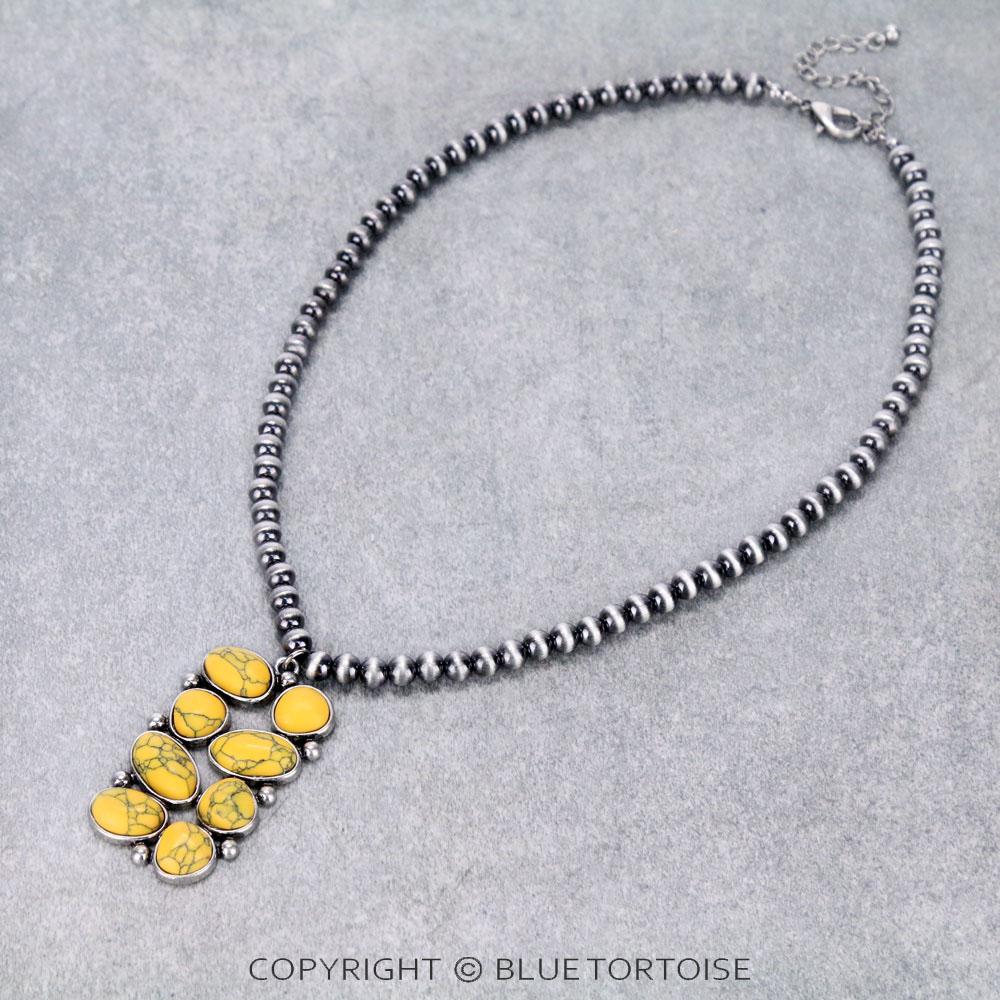 Western Geometric Stone Pendant with Navajo Style Pearl Necklace