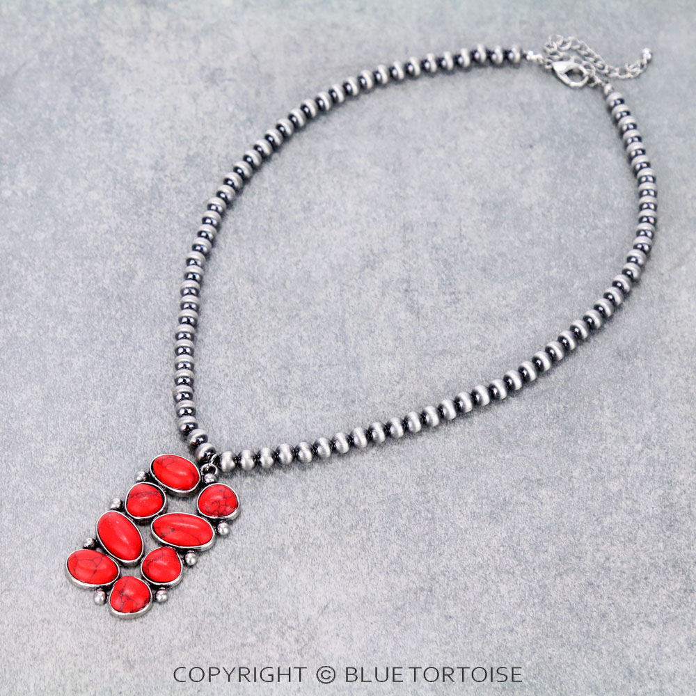 Western Geometric Stone Pendant with Navajo Style Pearl Necklace